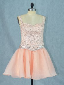 Designer Organza Straps Sleeveless Lace Up Beading Cocktail Dresses in Peach