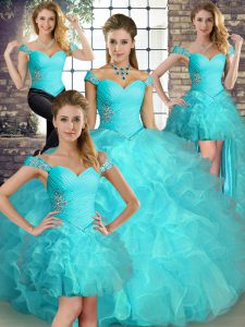 Super Aqua Blue Lace Up Off The Shoulder Beading and Ruffles Quinceanera Gown Organza Sleeveless