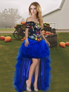 Royal Blue Tulle Lace Up Off The Shoulder Sleeveless High Low Prom Dresses Embroidery and Ruffles