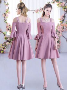 Traditional Half Sleeves Mini Length Ruching Zipper Bridesmaid Dresses with Pink