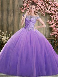 Lavender Ball Gowns Tulle Off The Shoulder Sleeveless Beading Floor Length Lace Up Sweet 16 Quinceanera Dress