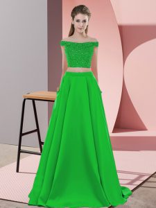 Low Price Green Two Pieces Elastic Woven Satin Off The Shoulder Sleeveless Beading Backless Prom Party Dress Sweep Train