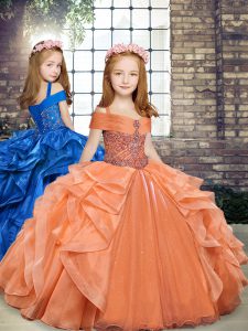 Superior Straps Sleeveless Girls Pageant Dresses Floor Length Beading and Ruffles Orange Organza