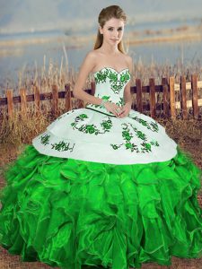 Fantastic Green Ball Gowns Sweetheart Sleeveless Organza Floor Length Lace Up Embroidery and Ruffles and Bowknot Quinceanera Gowns