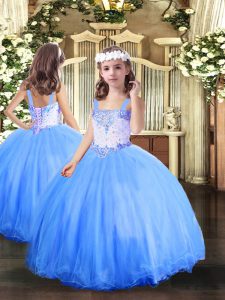 Baby Blue Sleeveless Floor Length Beading Lace Up Pageant Dress for Womens