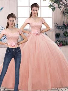Attractive Pink Tulle Lace Up 15 Quinceanera Dress Short Sleeves Floor Length Lace and Hand Made Flower