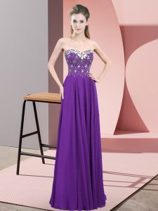 Deluxe Purple Sleeveless Floor Length Beading Zipper Prom Dresses