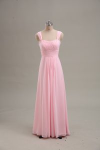 Adorable Floor Length Baby Pink Homecoming Dress Chiffon Sleeveless Ruching