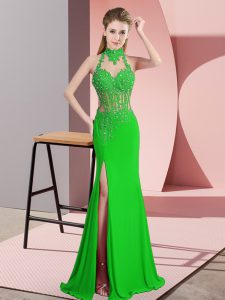 Green Column/Sheath Chiffon Halter Top Sleeveless Lace and Appliques Floor Length Backless