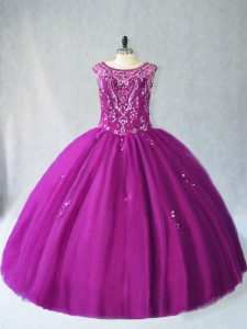 Custom Made Purple Tulle Lace Up Quinceanera Dresses Sleeveless Floor Length Beading