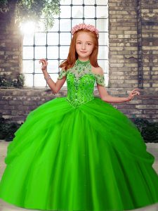 Green Ball Gowns Halter Top Sleeveless Tulle Floor Length Lace Up Beading Kids Pageant Dress