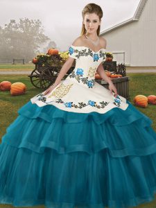 Teal Ball Gowns Embroidery and Ruffled Layers 15 Quinceanera Dress Lace Up Tulle Sleeveless