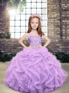 Custom Made Sleeveless Tulle Floor Length Lace Up Little Girl Pageant Gowns in Lavender with Beading and Ruffles