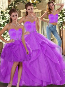 Hot Sale Lilac Tulle Lace Up Sweetheart Sleeveless Floor Length Quinceanera Gown Beading and Ruffles