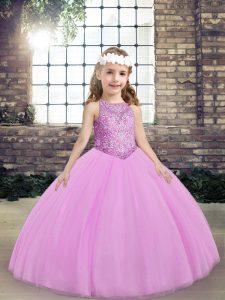Lilac Lace Up Pageant Dress for Girls Beading Sleeveless Floor Length