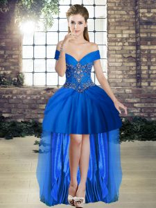 Customized Off The Shoulder Sleeveless Red Carpet Prom Dress High Low Beading Royal Blue Tulle