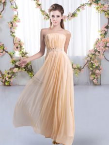 Peach Wedding Guest Dresses Strapless Sleeveless Sweep Train Lace Up