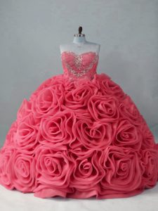 Sweetheart Sleeveless Sweet 16 Dresses Brush Train Beading Coral Red Fabric With Rolling Flowers