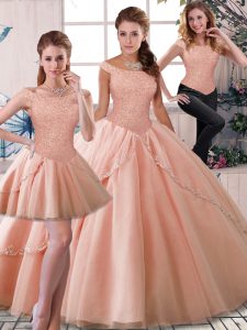 Peach Off The Shoulder Lace Up Beading Sweet 16 Quinceanera Dress Brush Train Sleeveless