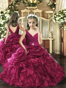 Ball Gowns Pageant Gowns For Girls Fuchsia V-neck Organza Sleeveless Floor Length Backless