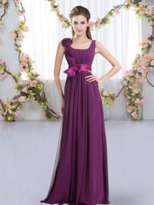 Straps Sleeveless Bridesmaid Dresses Floor Length Belt and Hand Made Flower Dark Purple Chiffon