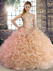 Clearance Peach Lace Up Quinceanera Dress Beading Sleeveless Floor Length