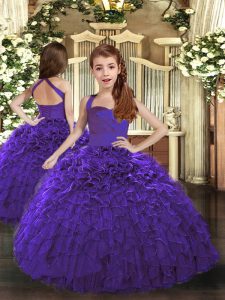 Floor Length Lace Up Little Girl Pageant Dress Purple for Party and Wedding Party with Ruffles