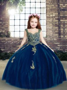Blue Tulle Lace Up Straps Sleeveless Floor Length Kids Pageant Dress Appliques