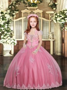 Glorious Sleeveless Lace Up Floor Length Appliques Little Girl Pageant Gowns