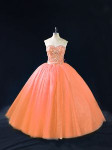 Tulle Sweetheart Sleeveless Lace Up Beading Quince Ball Gowns in Peach
