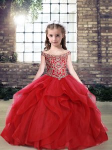 Floor Length Red Little Girls Pageant Dress Off The Shoulder Sleeveless Lace Up