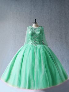 High Quality Apple Green Scoop Lace Up Beading Quinceanera Gowns Long Sleeves
