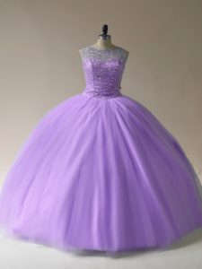 Suitable Tulle Scoop Sleeveless Lace Up Beading Quinceanera Dresses in Lavender