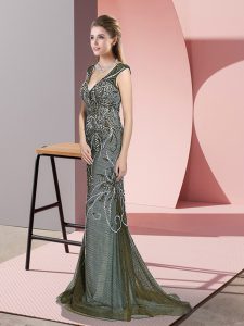 Olive Green Prom Evening Gown V-neck Sleeveless Sweep Train Zipper