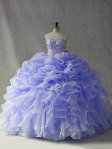 Lavender Organza Lace Up Sweet 16 Dress Sleeveless Brush Train Beading and Ruffles and Pick Ups
