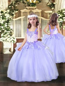 Lavender Ball Gowns Beading Kids Formal Wear Lace Up Organza Sleeveless Floor Length