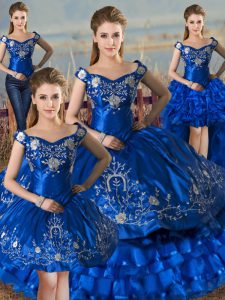 Royal Blue Lace Up 15th Birthday Dress Embroidery and Ruffled Layers Sleeveless Floor Length