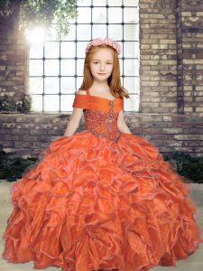 Sleeveless Floor Length Beading Lace Up Kids Formal Wear with Orange