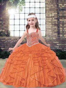 Classical Orange Red Tulle Lace Up Little Girl Pageant Gowns Sleeveless Floor Length Beading and Ruffles