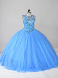 Ball Gowns Quinceanera Dresses Blue Scoop Tulle Sleeveless Floor Length Lace Up