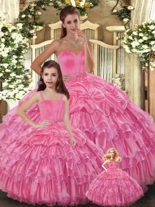 Rose Pink Organza Lace Up 15th Birthday Dress Sleeveless Floor Length Ruffled Layers