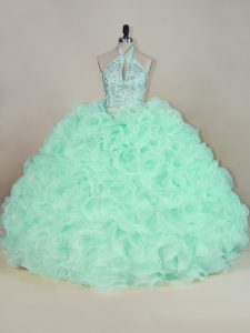 Apple Green Halter Top Lace Up Beading and Ruffles Quinceanera Gowns Brush Train Sleeveless