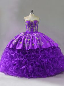 Admirable Sweetheart Sleeveless Brush Train Lace Up Vestidos de Quinceanera Purple Fabric With Rolling Flowers