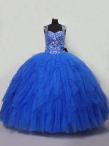 Blue Straps Neckline Beading and Ruffles Quince Ball Gowns Sleeveless Lace Up
