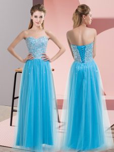 Stylish Floor Length Aqua Blue Dress for Prom Sweetheart Sleeveless Lace Up