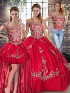 Best Selling Floor Length Red Quinceanera Dress Off The Shoulder Sleeveless Lace Up