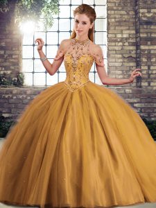 Lace Up Sweet 16 Quinceanera Dress Brown for Military Ball and Sweet 16 and Quinceanera with Beading Brush Train