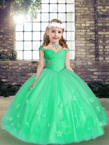 Sleeveless Lace Up Floor Length Beading and Hand Made Flower Little Girls Pageant Dress