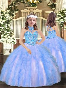 Fashion Sleeveless Appliques and Ruffles Lace Up Pageant Gowns For Girls