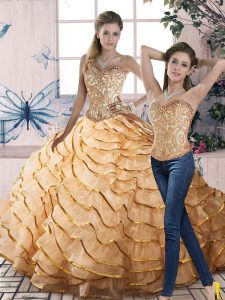 Suitable Two Pieces Sleeveless Gold Ball Gown Prom Dress Brush Train Lace Up